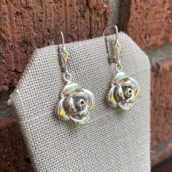 Vintage 925 3-D Flower Dangle Leverback Earrings - Picture 2 of 8